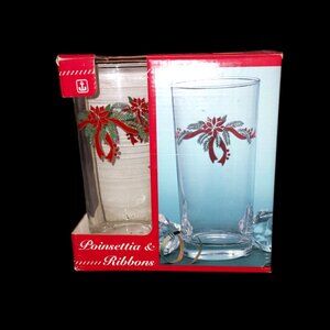VINTAGE POINSETTIA & RIBBONS 4 PIECE 15oz. HOLIDAY ICED TEA SET NWT